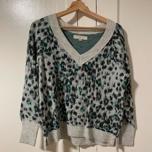 LOFT Gray and Teal V-Neck Sweater